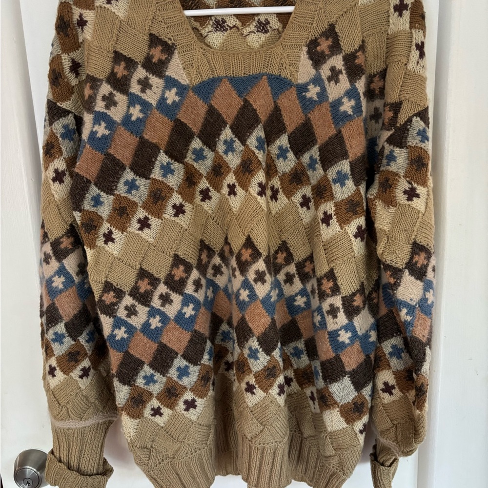 Designer Argyle Patterned Hand Knitted Ladies Sweater - Beige, Blue, Brown